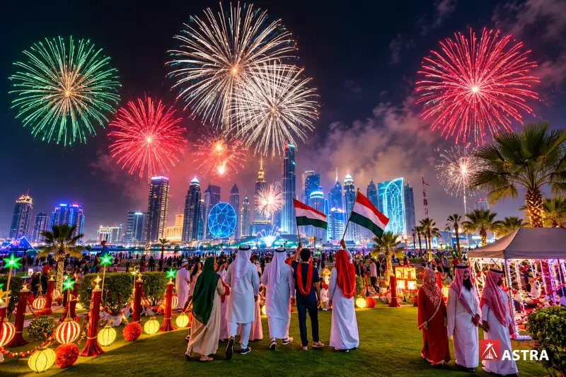 UAE National Day fireworks with UAE flags and city skyline