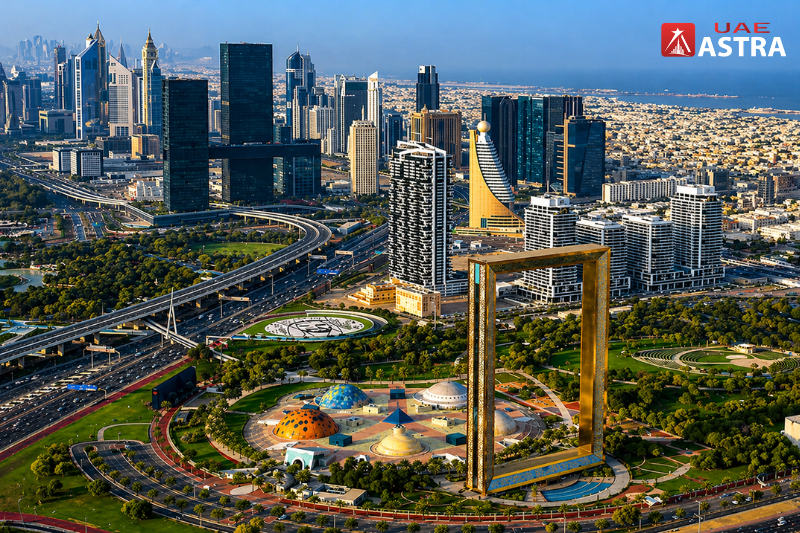Dubai Frame aerial view with skyline and park
