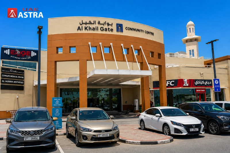 Front view of Al Khail Gate Community Centre with parking area and entrance