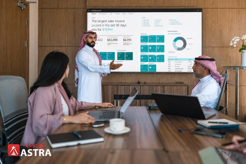 Microsoft Dynamics 365 Business Central UAE dashboard presentation in a corporate meeting room