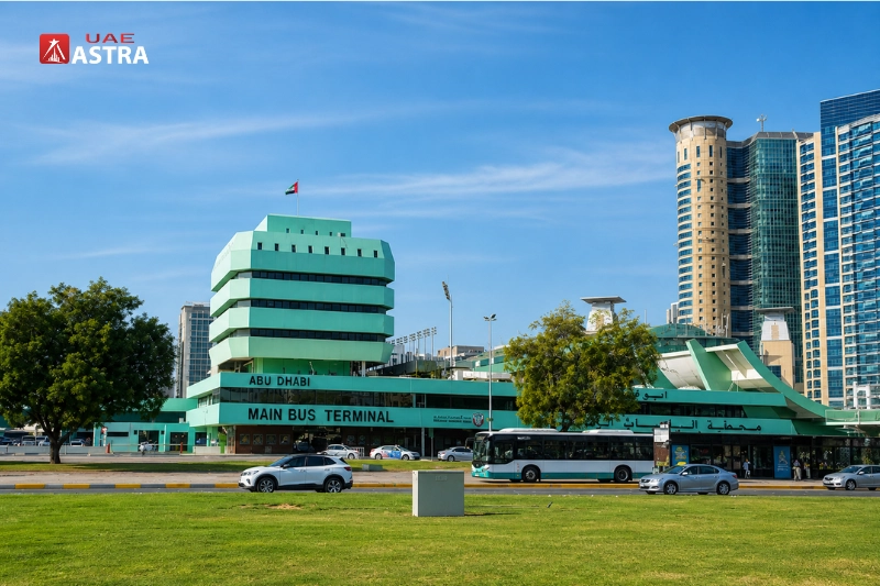 Abu Dhabi Central Bus Station exterior with buses and city buildings
