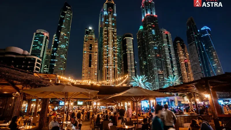 Barasti Dubai Marina nightlife with skyscraper skyline and beach club atmosphere
