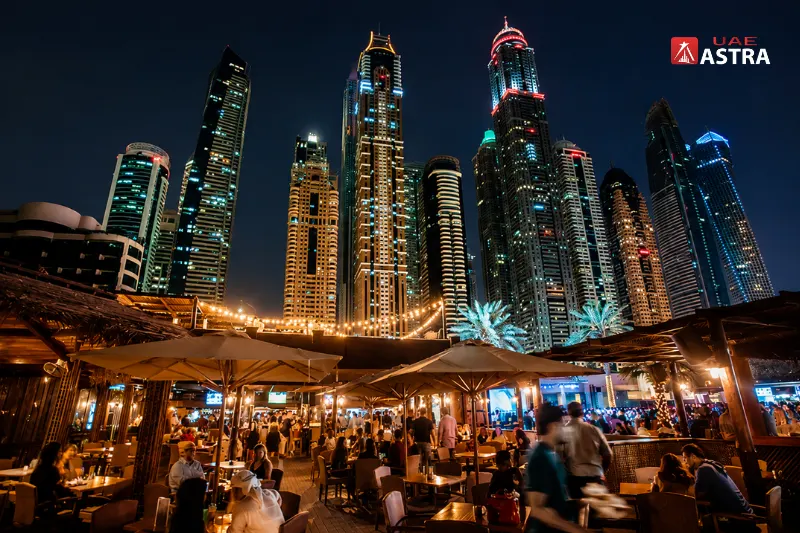 Barasti Dubai Marina nightlife with skyscraper skyline and beach club atmosphere