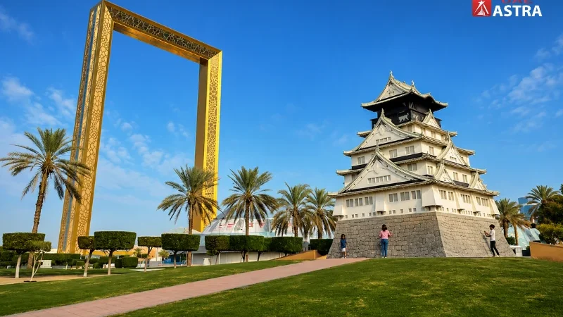 Dubai Frame and Japanese-style building at Zabeel Park Dubai