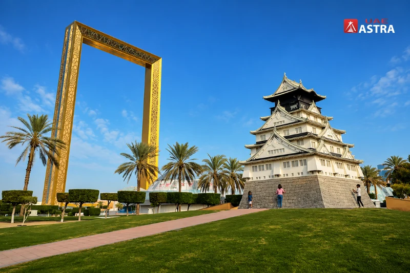 Dubai Frame and Japanese-style building at Zabeel Park Dubai