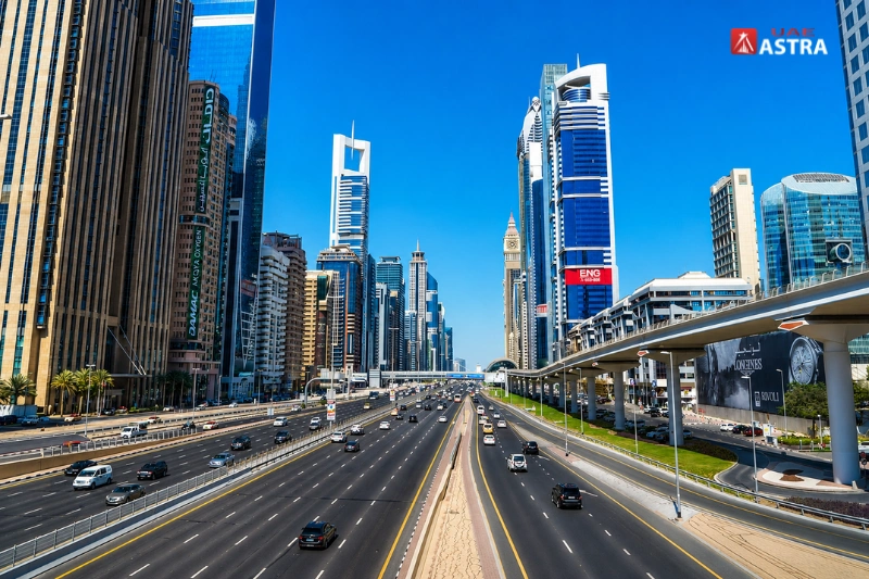 Sheikh Zayed Road Dubai skyline with modern skyscrapers and metro line