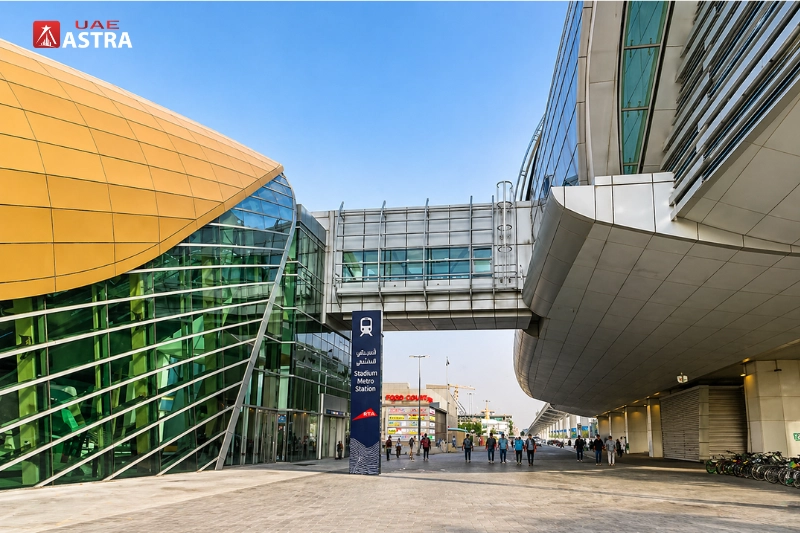 Stadium Metro Station Dubai exterior pedestrian bridge view
