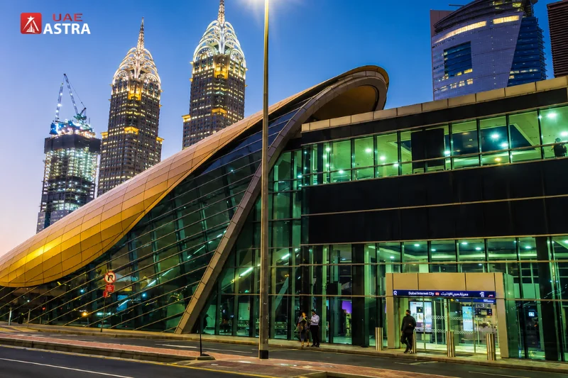 Dubai Internet City Metro Station on Sheikh Zayed Road, Dubai at sunset