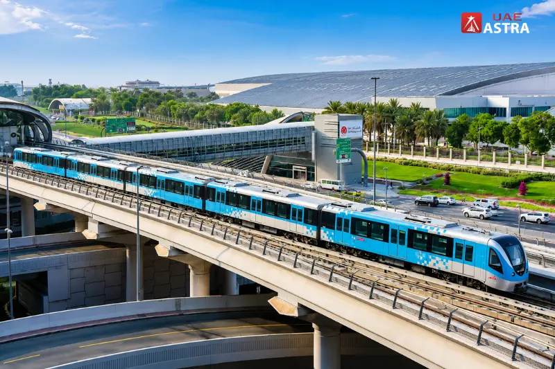 Dubai Metro train passing through an elevated metro station in Dubai