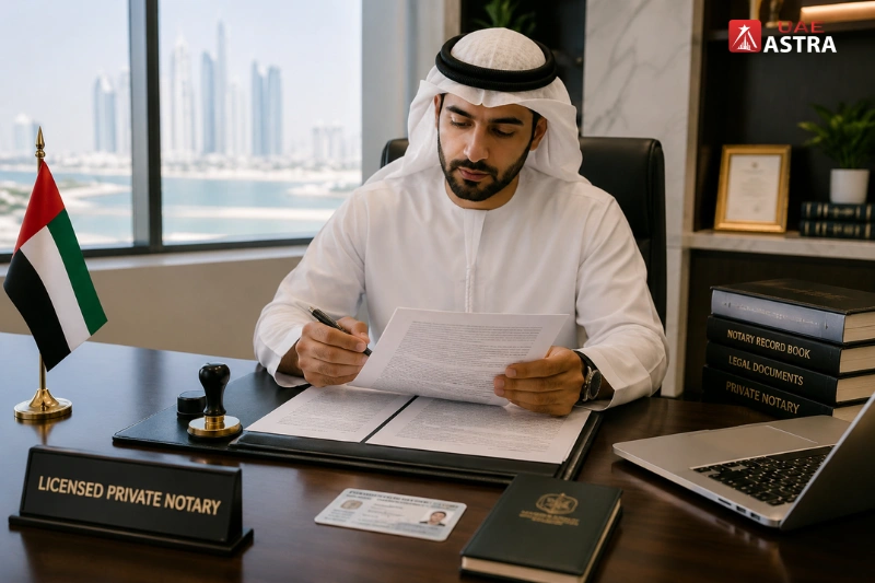 Licensed private notary reviewing legal documents in a modern Abu Dhabi office