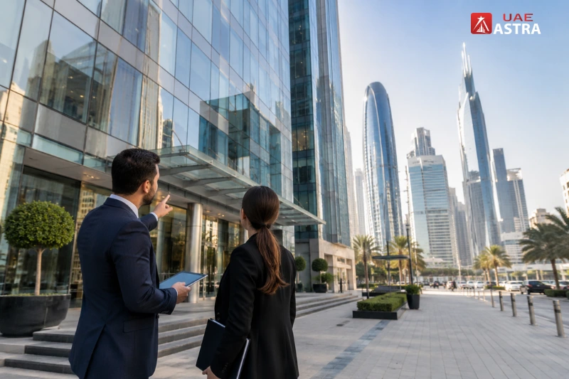Modern commercial office buildings in Dubai business district