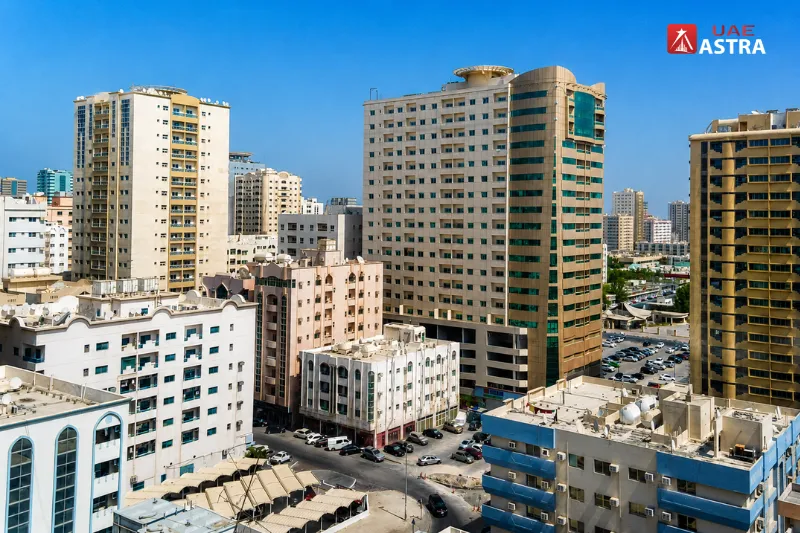 Abu Shagara Sharjah skyline featuring residential apartment buildings and a well-connected urban neighborhood