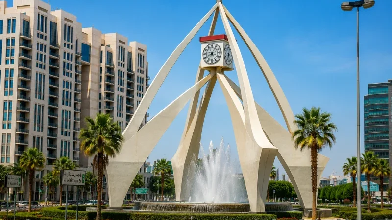Clock Tower Roundabout in Deira Dubai with its iconic arches and fountain