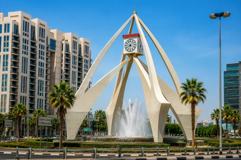 Clock Tower Roundabout in Deira Dubai with its iconic arches and fountain