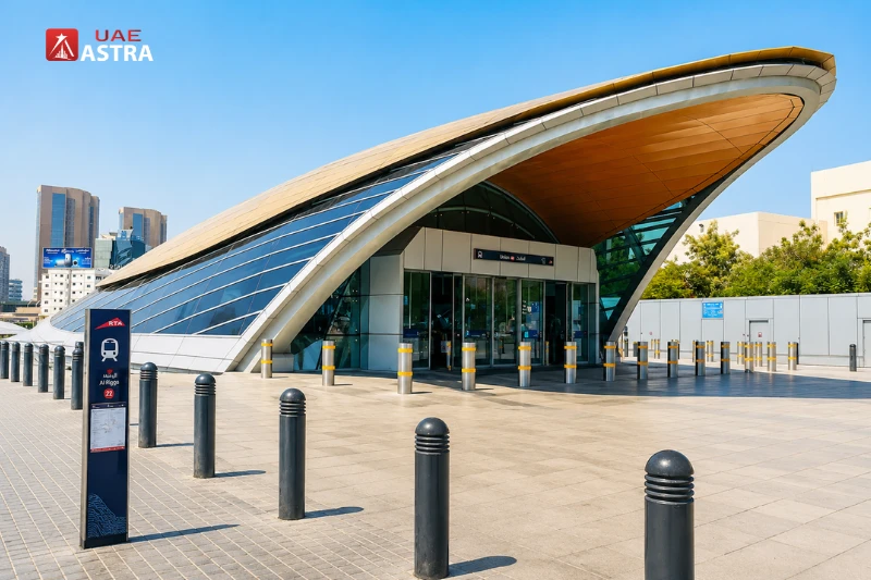 Exterior view of Al Rigga Metro Station entrance in Deira, Dubai with modern architecture and pedestrian access