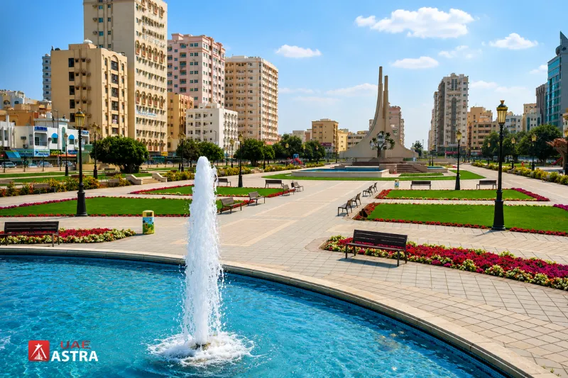 Fountain and landscaped gardens at Rolla Square Park in Sharjah
