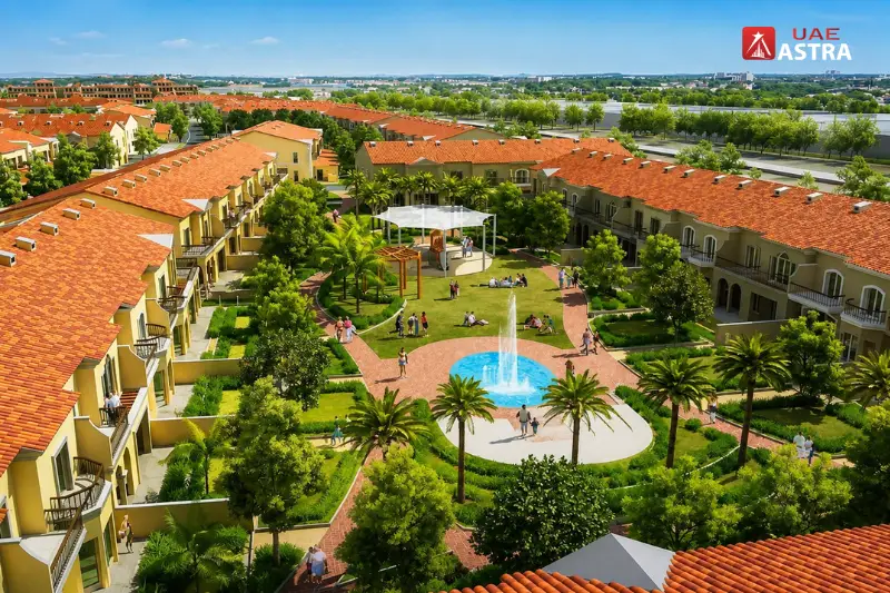 Green Community West Dubai residential villas surrounding landscaped gardens and a central community park
