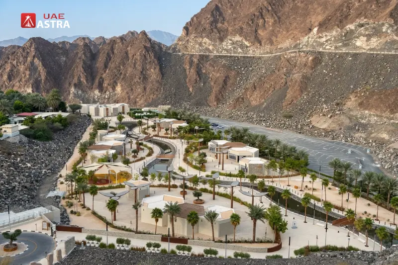 Panoramic view of Hatta Hill Park surrounded by the Hajar Mountains