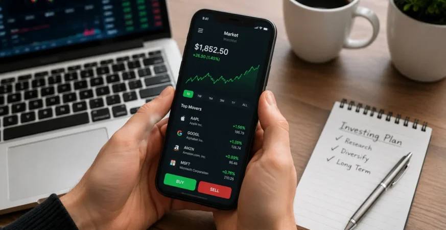 Person using a stock market trading app on a smartphone while analysing market charts on a laptop in a modern trading workspace