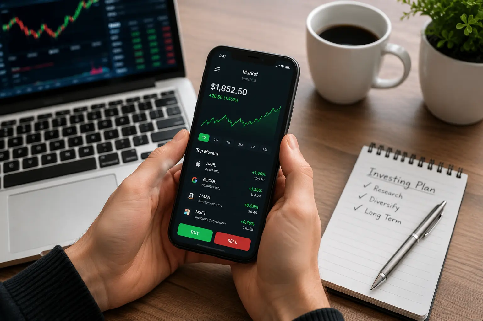 Person using a stock market trading app on a smartphone while analysing market charts on a laptop in a modern trading workspace
