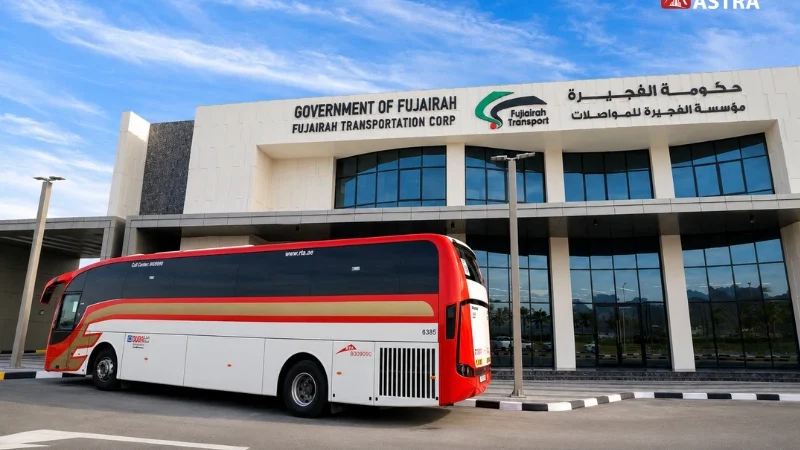 RTA E700 bus parked outside Fujairah Bus Station, the main intercity transport hub connecting Fujairah and Dubai