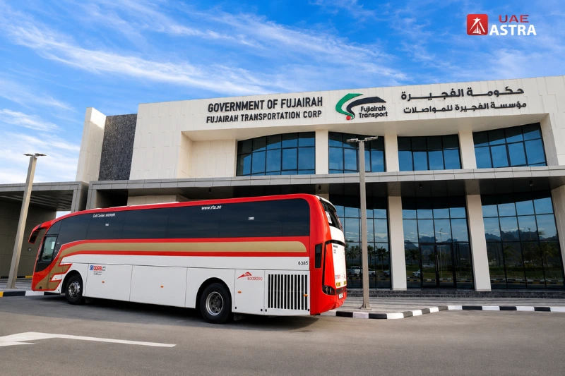 RTA E700 bus parked outside Fujairah Bus Station, the main intercity transport hub connecting Fujairah and Dubai