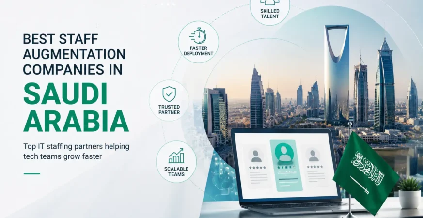 Saudi Arabia IT staff augmentation concept with hiring dashboard, developer profiles, and Riyadh skyline representing tech recruitment and staffing solutions