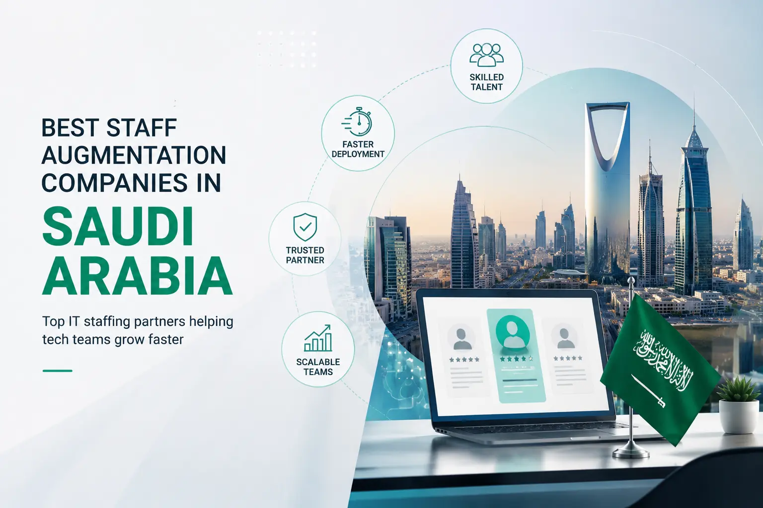 Saudi Arabia IT staff augmentation concept with hiring dashboard, developer profiles, and Riyadh skyline representing tech recruitment and staffing solutions