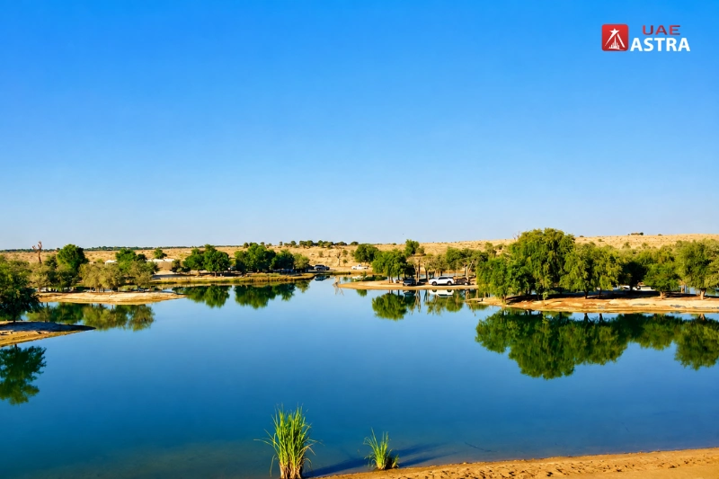 Al Qudra Lake surrounded by desert landscape and trees