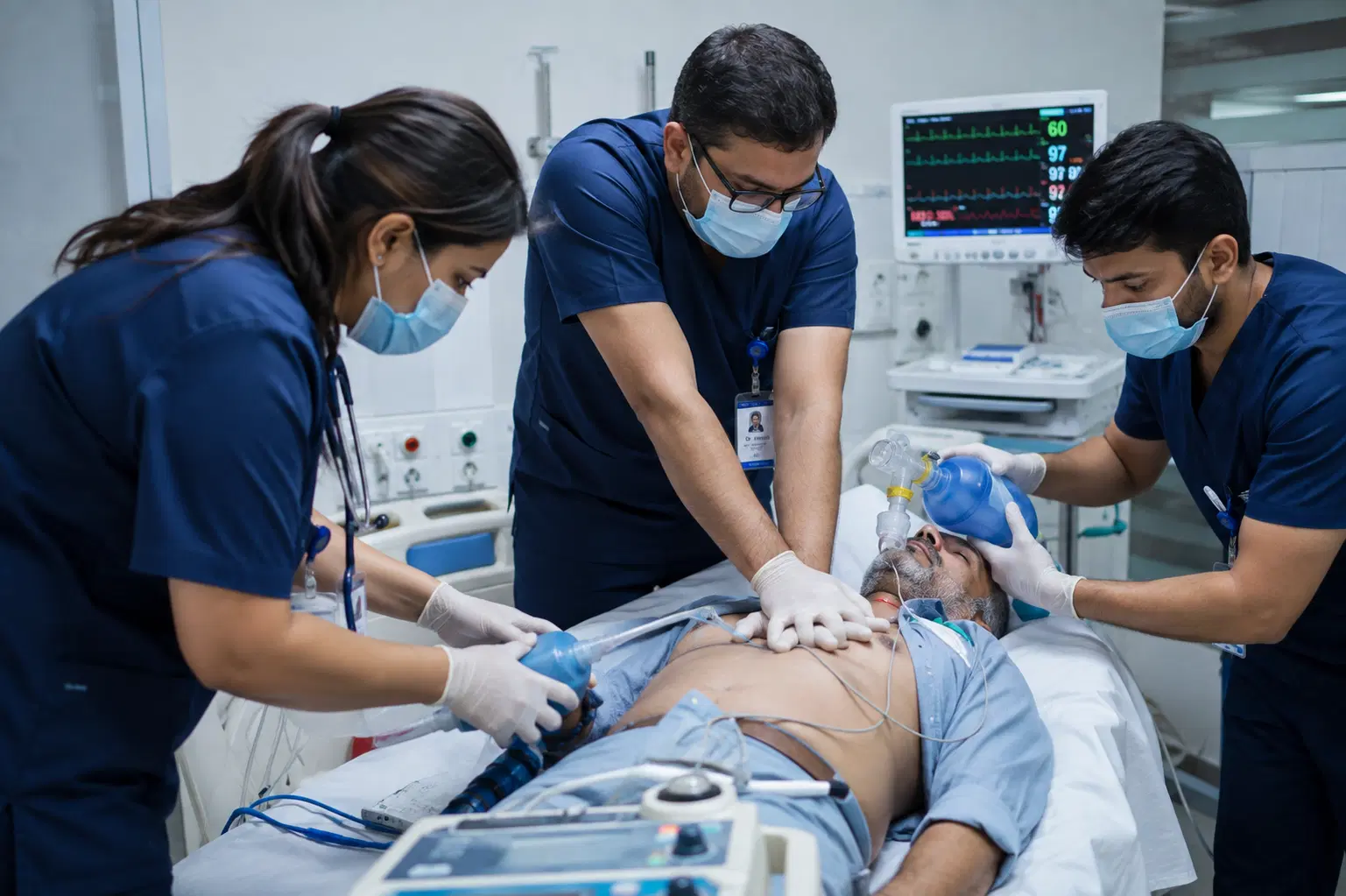 Cardiologists providing emergency care to a patient in a hospital