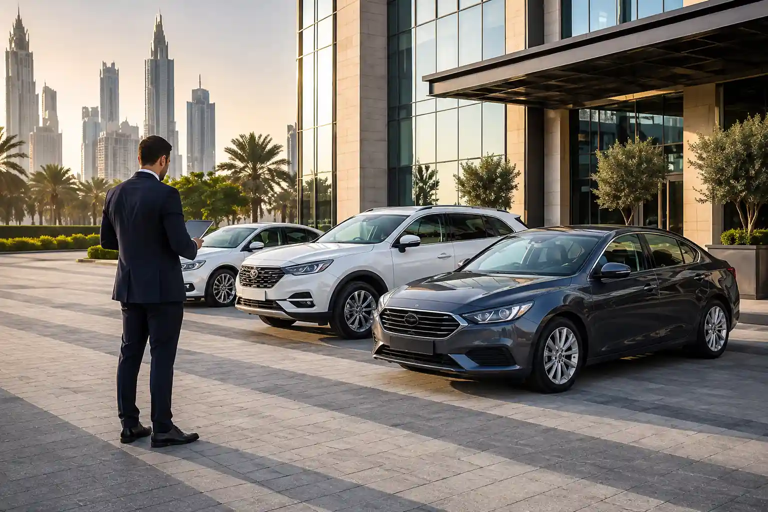 Corporate fleet manager reviewing sedans and an SUV outside a Dubai office