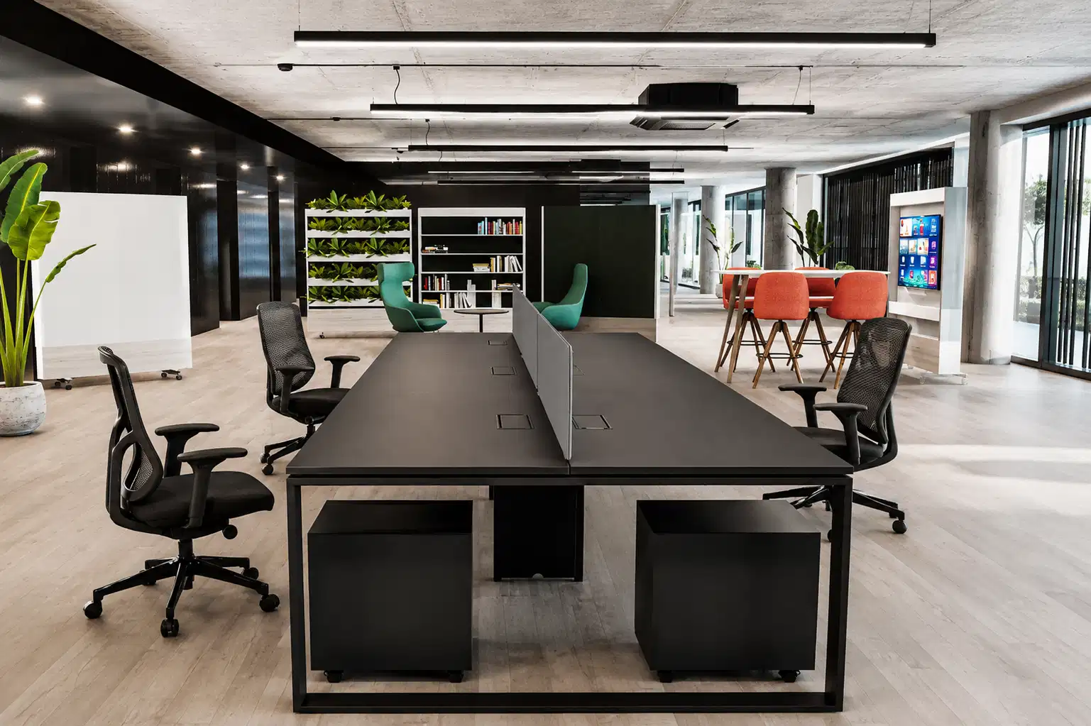 Modern office furniture with desks and ergonomic chairs