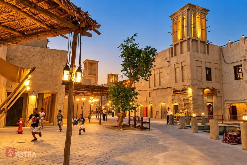 Al Fahidi-style heritage architecture and traditional wind towers in Al Seef Dubai