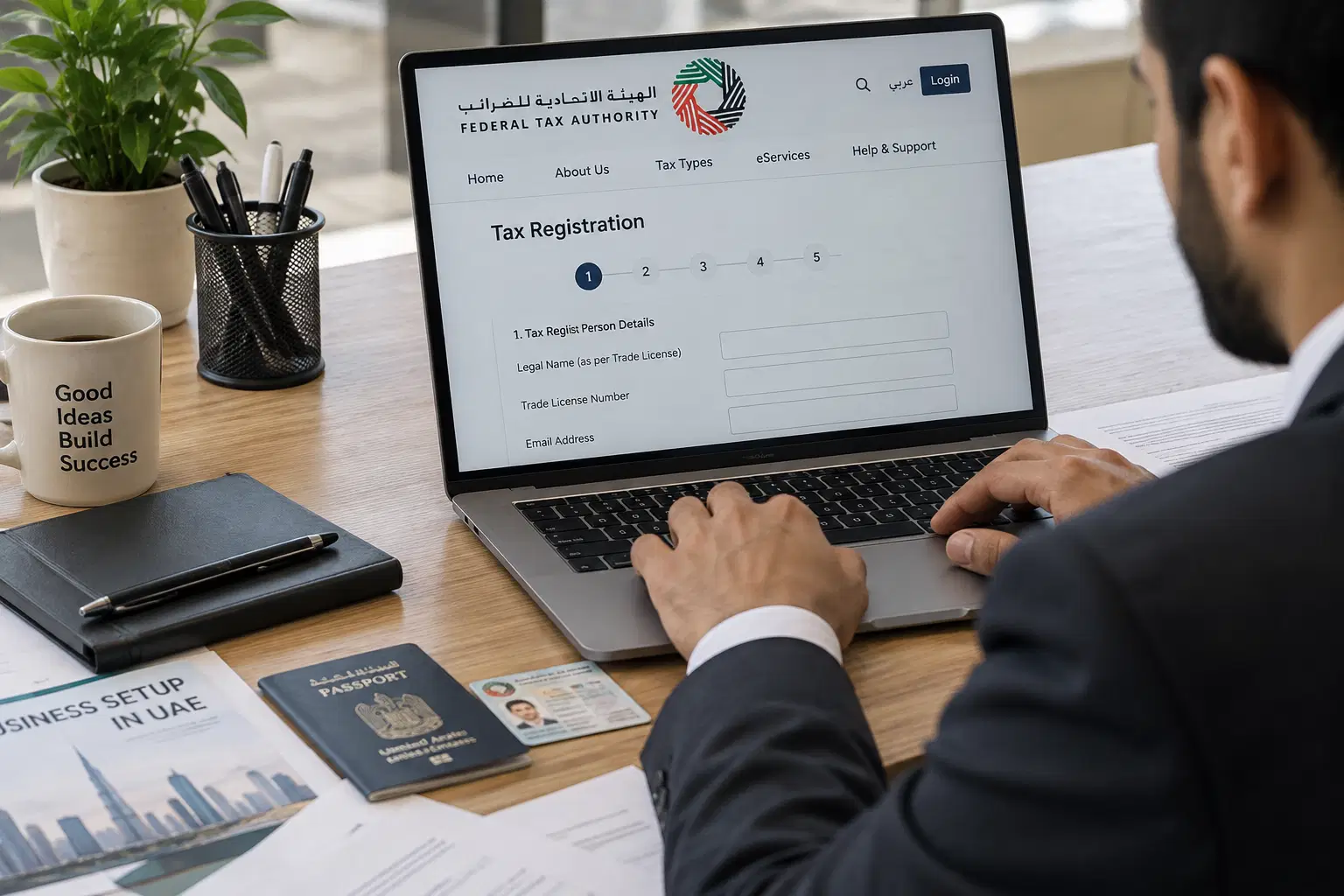 Business owner completing UAE tax registration on a laptop