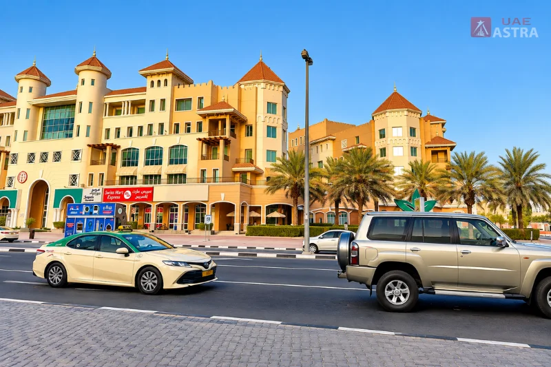 Commercial buildings and palm-lined streets near Ajman Gold Souq, Ajman
