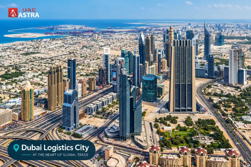 Dubai skyline and logistics hub aerial view