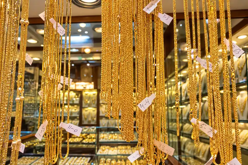 Gold chains displayed for sale at Ajman Gold Souq jewellery shops