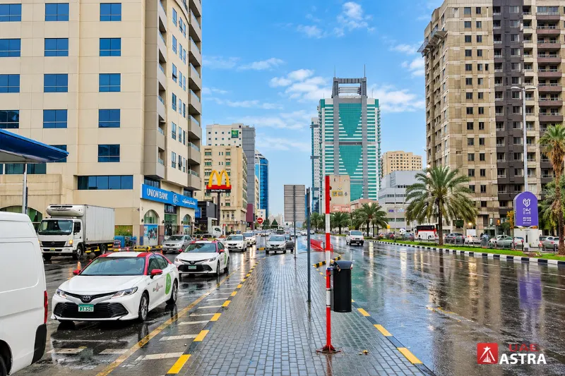 King Faisal Street road and bus stops in Sharjah