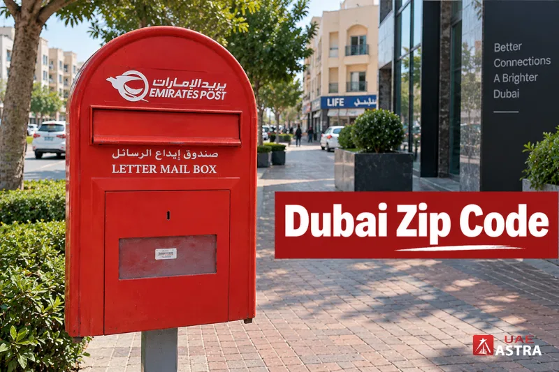 Red Emirates Post mailbox on a Dubai street
