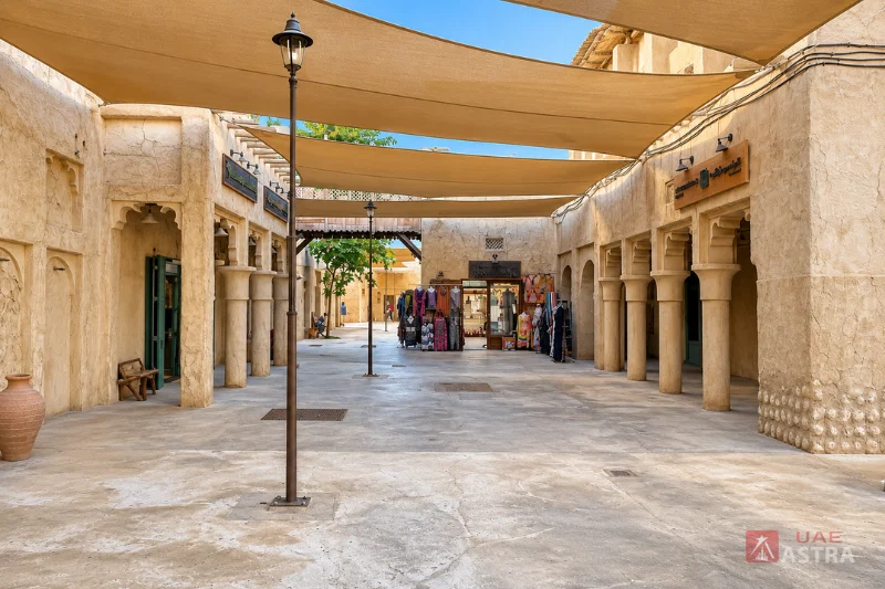 Traditional souk shopping lanes in Al Seef Dubai with heritage architecture and shaded walkways
