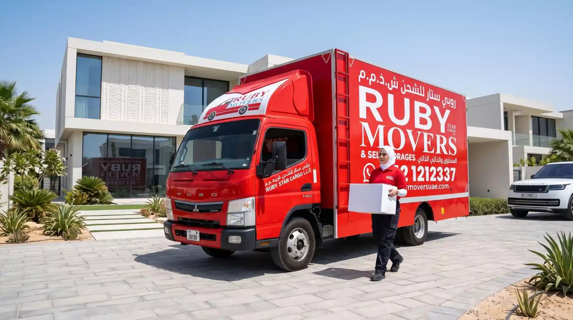 Villa movers truck outside a Dubai home