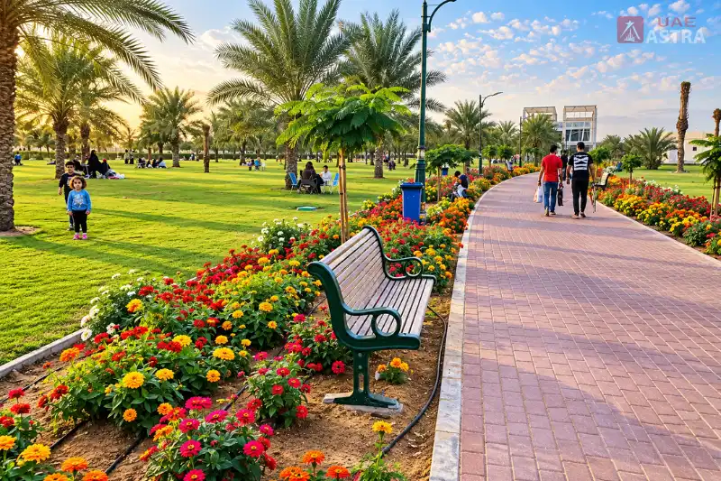 Al Safia Park walking path with flower beds, benches and palm trees