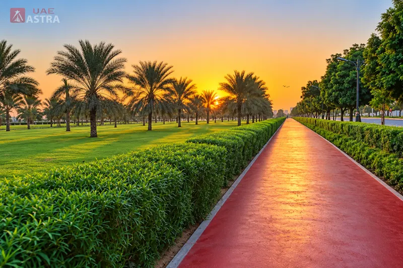 Al Safia Park walking track surrounded by palm trees at sunset