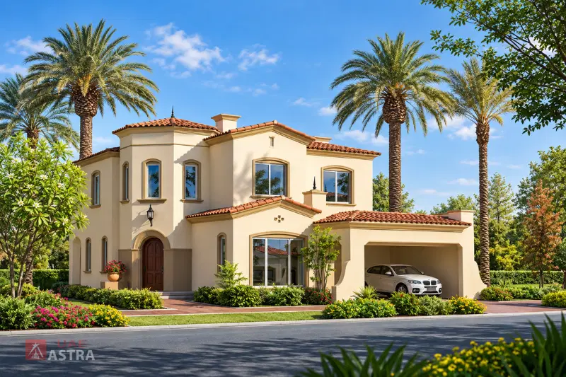 Arabian Ranches Dubai villa with landscaped garden and palm trees