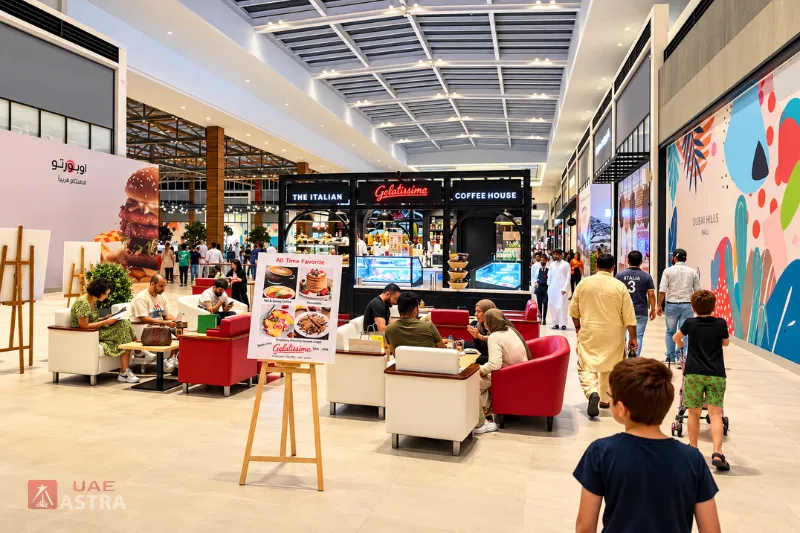 Cafés and dining area inside Dubai Hills Mall with seating and food kiosks