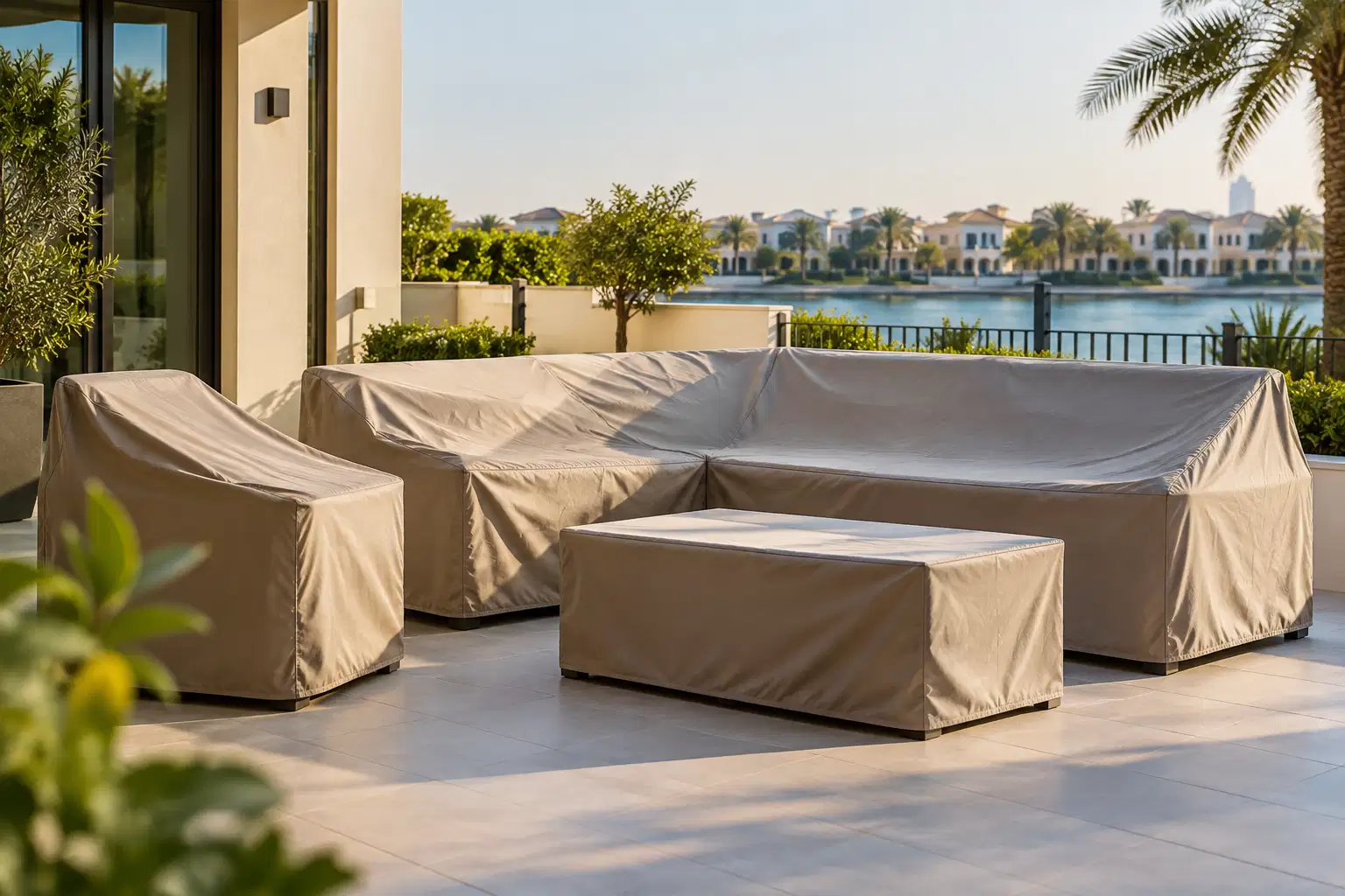 Custom furniture covers on outdoor patio furniture in the UAE