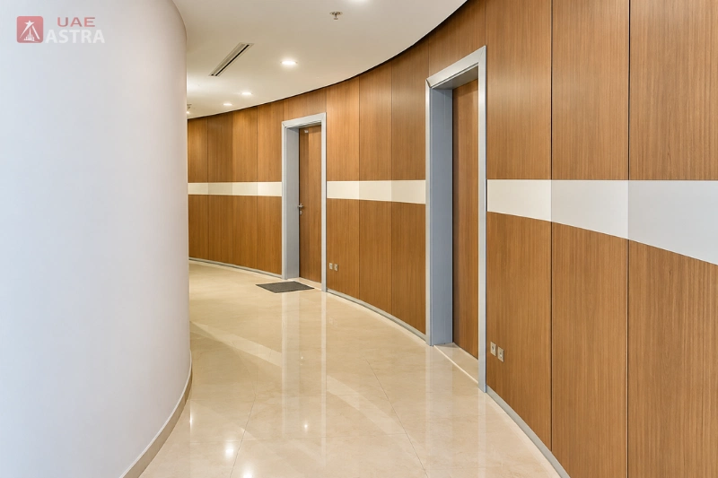 Donna Towers office corridor with modern wood-panelled walls
