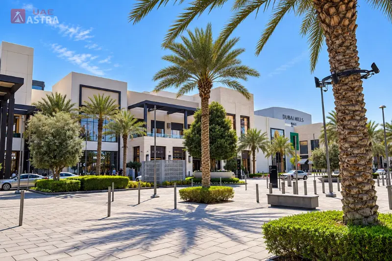 Dubai Hills Mall exterior with palm trees, landscaped plaza and retail storefronts