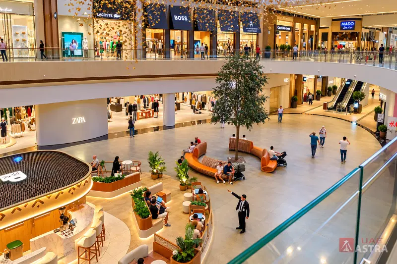 Dubai Hills Mall interior with fashion stores, shopping areas and seating plaza
