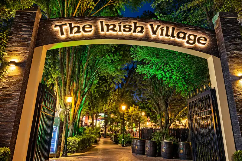Irish Village Dubai entrance at night